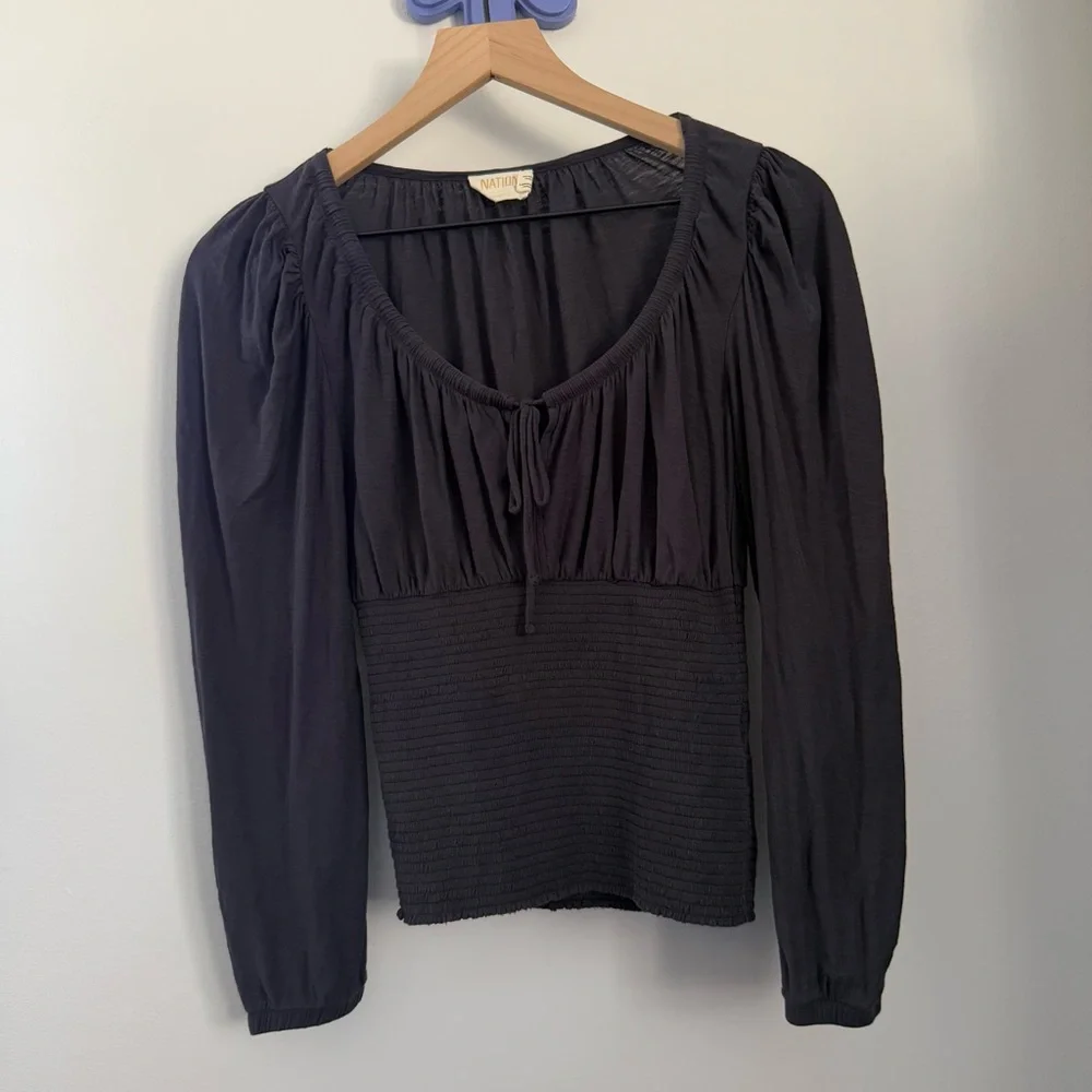 Nation LTD XS Mavis Smock Peasant Top Navy Pima Cotton Milkmaid Fitted Boho